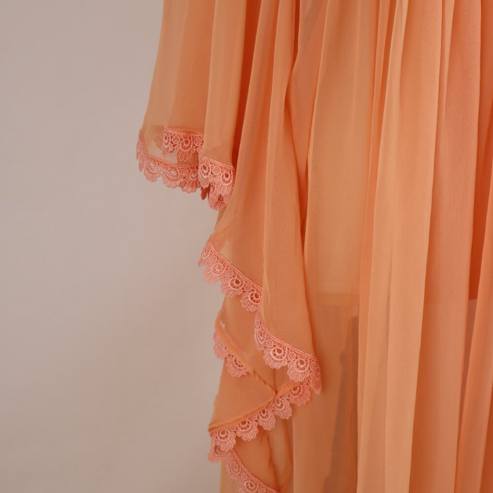 🌺 Vtg Apricot Peach Long Chiffon Lace Caftan Dress Nightgown Lounger Hostess L - Picture 4 of 8